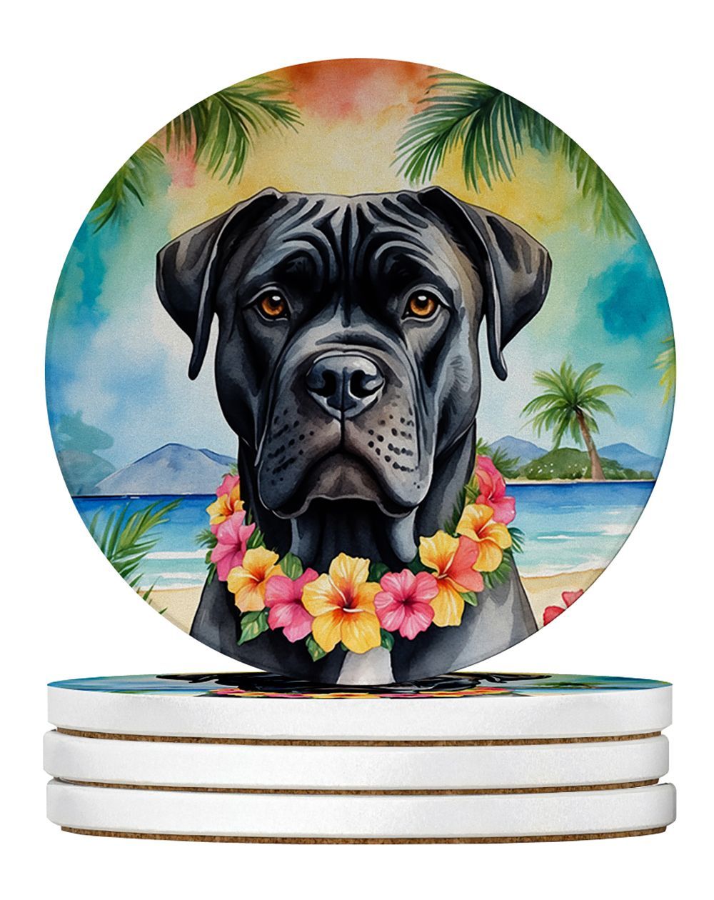 Cane Corso Luau Large Sandstone Coasters Pack Of 4 Absorbent Round Coasters Decor Gifts For Men Or Women, 4 In, Multicolor_maomaolike.com