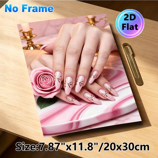Nail Art Themed Painting Poster, Elegant Glossy Pink Nails With Gold Bow Details Poster, Chic Nail Art Display, Ideal For Beauty Salons And Makeup_maomaolike.com