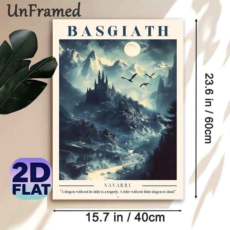 Basgiath Castle Fantasy Painting Poster, Mysterious Moonlit Mountain & Dragon Scene Poster, Atmospheric Fantasy Artwork For Bedroom, Living Room Wall_maomaolike.com