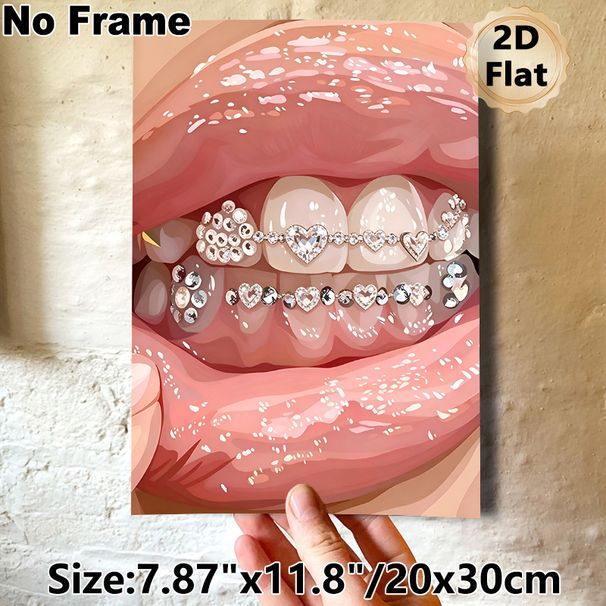 Glittery Teeth & Lips Painting Poster, Shiny Glamorous Stylized Art Poster, Eye-catching Sparkling Diamond-adorned Dental Design, Suitable For Bedroom_maomaolike.com