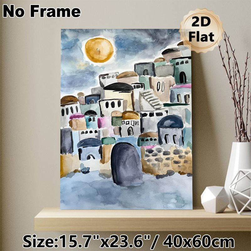 Mediterranean Hillside Town Painting Poster, Soft Watercolor Pastel-toned Clustered Hillside Buildings With Sun Poster, Warm Artistic Decor Suitable_maomaolike.com