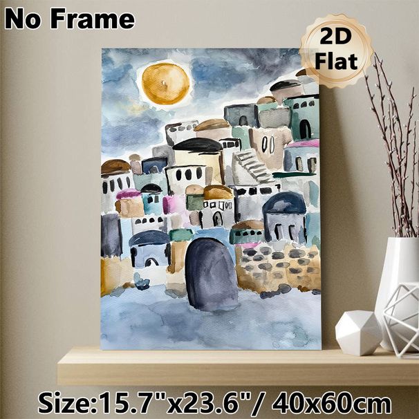 Mediterranean Hillside Town Painting Poster, Soft Watercolor Pastel-toned Clustered Hillside Buildings With Sun Poster, Warm Artistic Decor Suitable_maomaolike.com