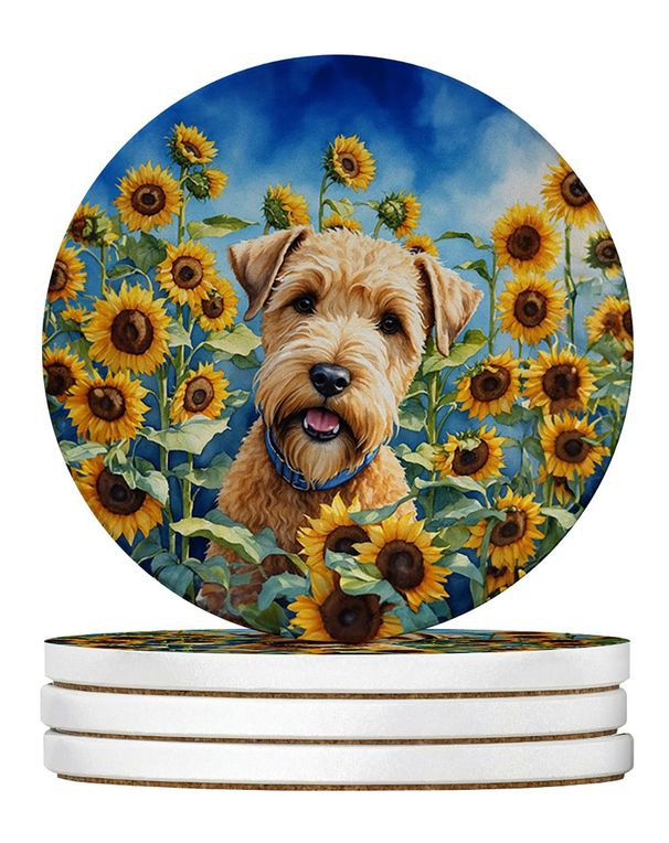 Wheaten Terrier In Sunflowers Large Sandstone Coasters Pack Of 4 Absorbent Round Coasters Decor Gifts For Men Or Women, 4 In, Multicolor_maomaolike.com