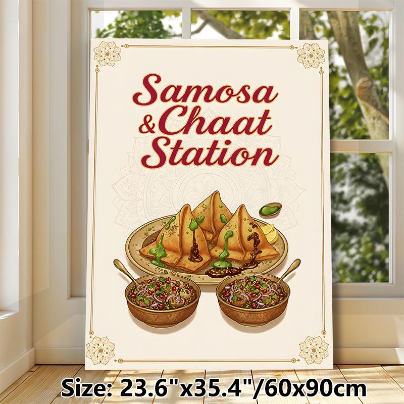 Samosa & Chaat Themed Painting Poster, Warm-toned Ethnic Illustrated Indian Street Food Poster, Delivers Authentic Culinary Vibe, Suitable For_maomaolike.com