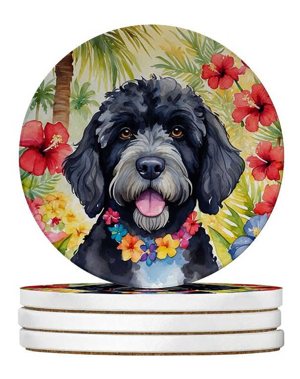 Portuguese Water Dog Luau Large Sandstone Coasters Pack Of 4 Absorbent Round Coasters Decor Gifts For Men Or Women, 4 In, Multicolor_maomaolike.com