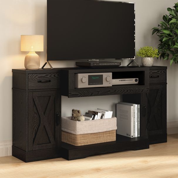Farmhouse TV Stands, Media Console Table With Adjustable Shelves & Double-door, Entertainment Center For TVs Up To 75'', 3-in-1 TV Cabinet For Living Room, Bedroom, Study Room, Black_maomaolike.com
