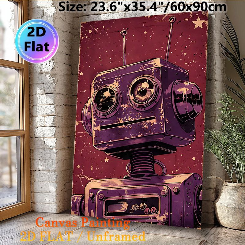Vintage Robot Painting Poster, Retro Distressed Purple Robot Art Poster, Nostalgic Industrial-style Decor Suitable For Home Office, Game Room_maomaolike.com