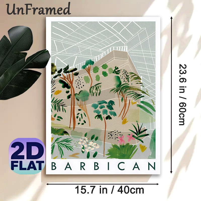 Barbican Greenhouse Painting Poster, Soft Watercolor Style Lush Tropical Plants & Geometric Structure Poster, Adds Serene Natural Touch For Living_maomaolike.com
