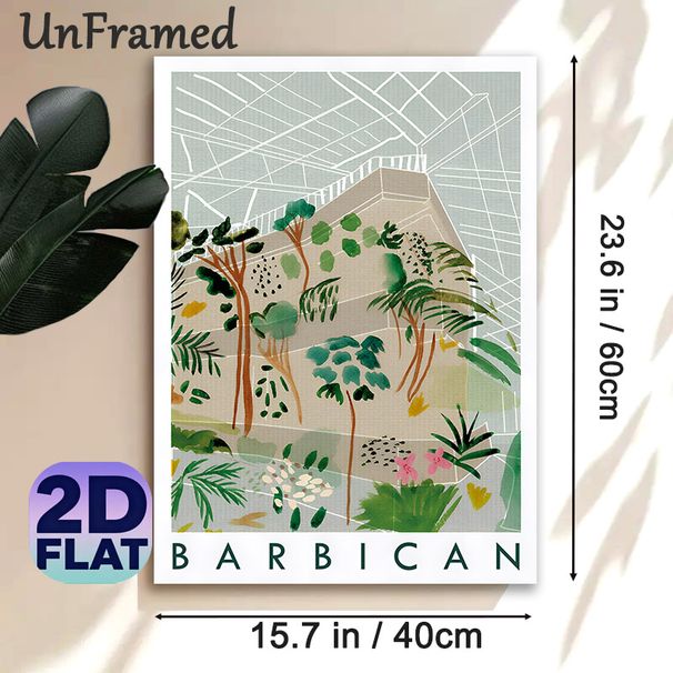 Barbican Greenhouse Painting Poster, Soft Watercolor Style Lush Tropical Plants & Geometric Structure Poster, Adds Serene Natural Touch For Living_maomaolike.com