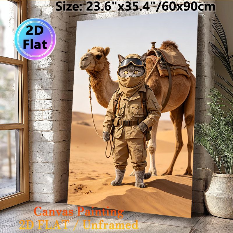 Desert Explorer Cat With Camel Painting Poster, Whimsical Realistic Desert Scene Poster, Unique Anthropomorphic Artwork Ideal For Home And Office_maomaolike.com