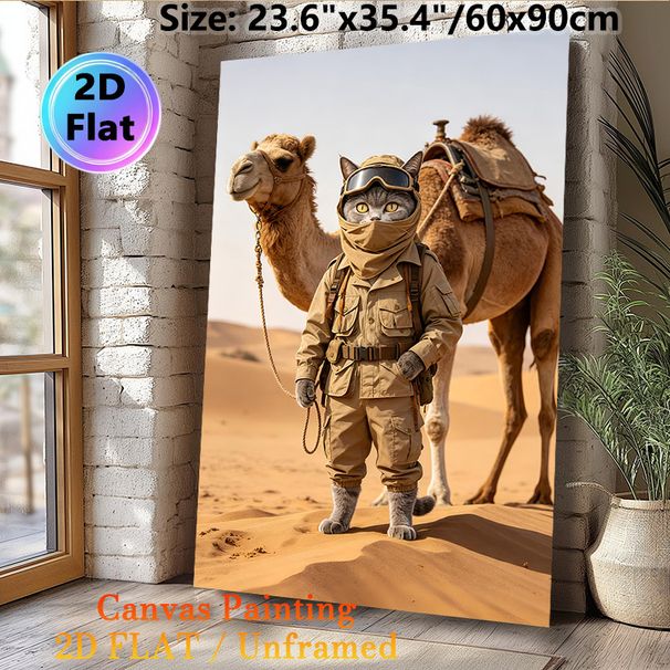Desert Explorer Cat With Camel Painting Poster, Whimsical Realistic Desert Scene Poster, Unique Anthropomorphic Artwork Ideal For Home And Office_maomaolike.com