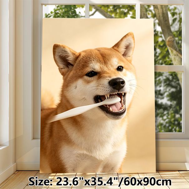 Shiba Inu Brushing Teeth Painting Poster, Warm-toned Cute Playful Pet Scene Poster, Lovely Pet-themed Decor Ideal For Living Room, Bedroom And Pet_maomaolike.com