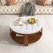Modern Large Round Ottoman Coffee Table 2-Tier Oversized Button Tufted Ottoman With Wood Shelf Storage Upholstered Coffee Table For Living Room Footrest Ottoman With Wheel, Waterproof Linen_maomaolike.com