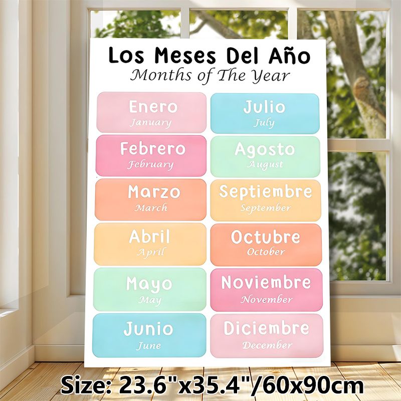 Bilingual Months Of The Year Painting Poster, Pastel-colored Clear Bilingual Text Poster, Supports Spanish And English Month Learning, Suitable For_maomaolike.com