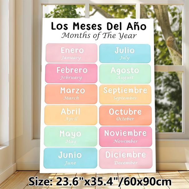 Bilingual Months Of The Year Painting Poster, Pastel-colored Clear Bilingual Text Poster, Supports Spanish And English Month Learning, Suitable For_maomaolike.com
