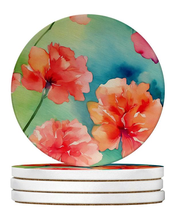 Carnations In Watercolor Large Sandstone Coasters Pack Of 4 Absorbent Round Coasters Decor Gifts For Men Or Women, 4 In, Multicolor_maomaolike.com