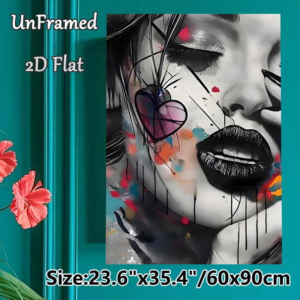 Graffiti Style Female Portrait Painting Poster, Bold Monochrome Face With Colorful Splash & Heart Element Poster, Edgy Artistic Decor For Bedroom_maomaolike.com