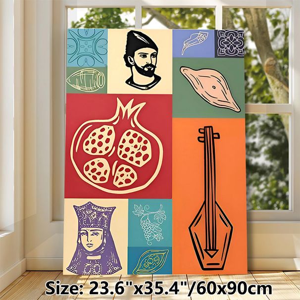 Folk Cultural Themed Painting Poster, Vibrant Collage-style Poster, Featuring Ethnic Figures, Pomegranate, Traditional Instrument & Decorative Motifs_maomaolike.com