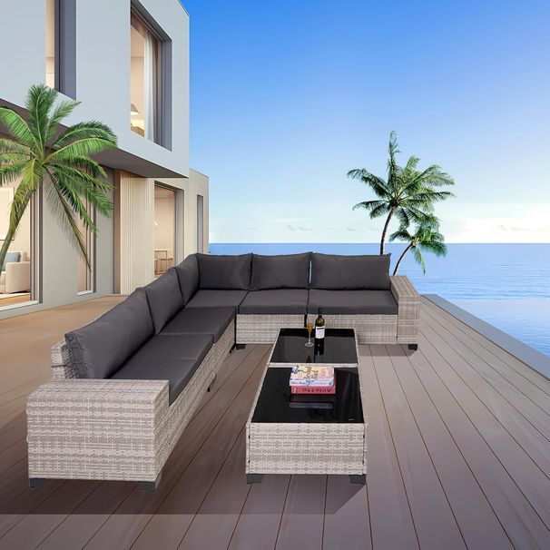 7-Piece Outdoor Patio Furniture Sets, All-Weather Wicker Rattan Sectional Sofa, Modern Two Glass Coffee Table And Washable Seat Cushion (Grey White-Gray)_maomaolike.com