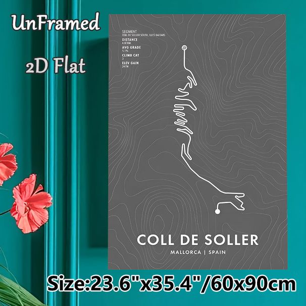 Coll De Soller Cycling Route Painting Poster, Minimalist Monochrome Topographic Map With Climb Stats Poster, Displays Cycling Route Details, Ideal For_maomaolike.com