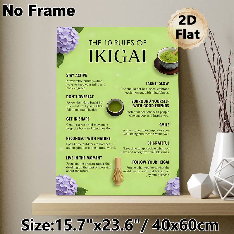 Ikigai Themed Painting Poster, Soft Green-toned Illustrative Poster, Presents 10 Inspiring Life Principles, Ideal For Home Office, Living Room And_maomaolike.com