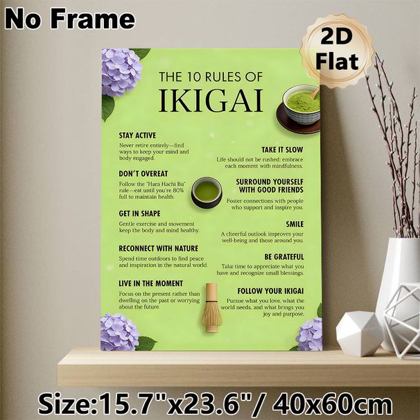 Ikigai Themed Painting Poster, Soft Green-toned Illustrative Poster, Presents 10 Inspiring Life Principles, Ideal For Home Office, Living Room And_maomaolike.com