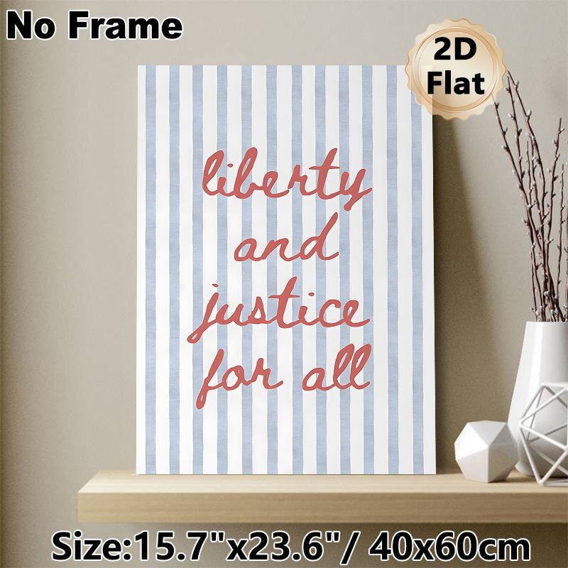 Liberty And Justice Themed Painting Poster, Soft-hued Handwritten Script With Blue Vertical Stripe Poster, Inspirational Typography Decor Ideal For_maomaolike.com