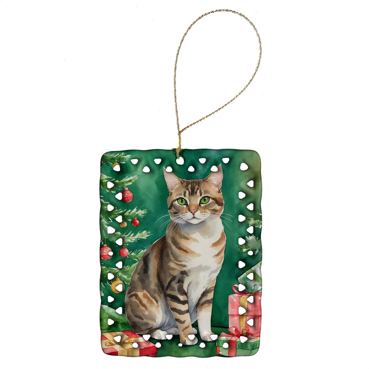 California Spangled Cat By The Christmas Tree Porcelain Ornament Christmas Tree Hanging Decorations For Home Christmas Holiday, Rectangle, Gift, Multicolor_maomaolike.com