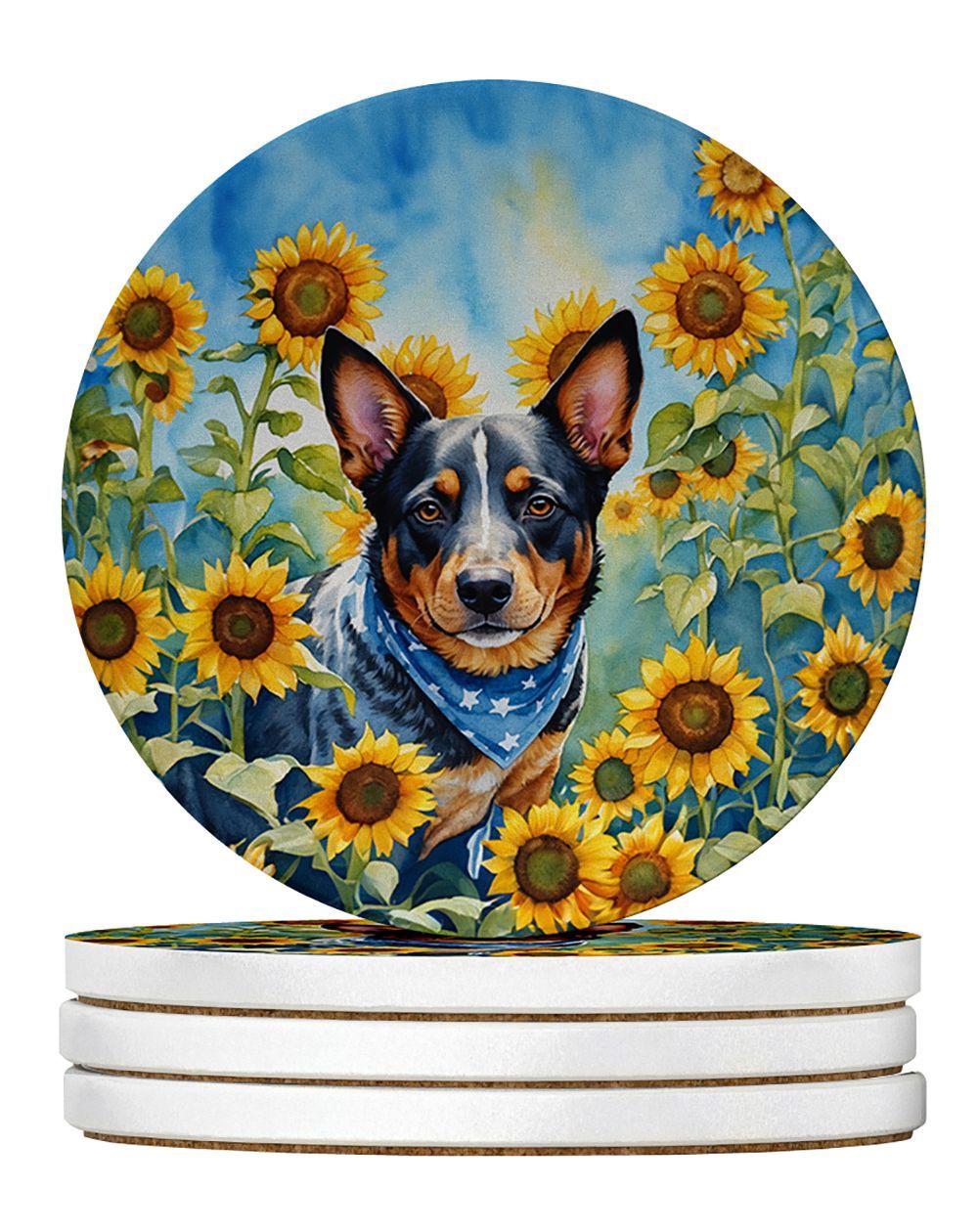 Australian Cattle Dog In Sunflowers Large Sandstone Coasters Pack Of 4 Absorbent Round Coasters Decor Gifts For Men Or Women, 4 In, Multicolor_maomaolike.com