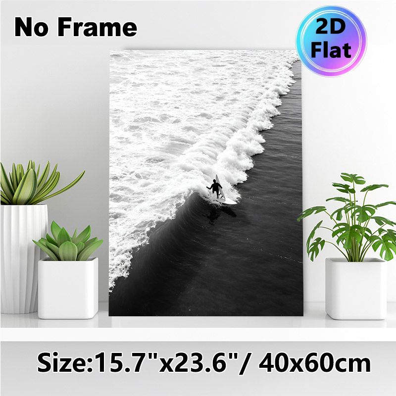 Surfing Themed Painting Poster, Monochrome Minimalist Surfer Riding Rolling Ocean Waves Poster, Stylish Coastal Art Piece Ideal For Bedroom, Living_maomaolike.com