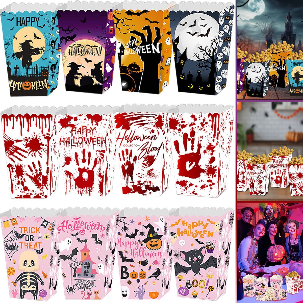 12Pcs Halloween Popcorn Box 3 Style Trick Or Treating Snack Treat Box Bloodstain Ghost Castle Bat Pattern Candy Cookie Container For Halloween Party Supplies_maomaolike.com