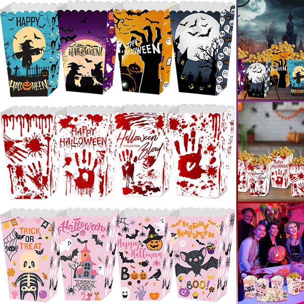 12Pcs Halloween Popcorn Box 3 Style Trick Or Treating Snack Treat Box Bloodstain Ghost Castle Bat Pattern Candy Cookie Container For Halloween Party Supplies_maomaolike.com