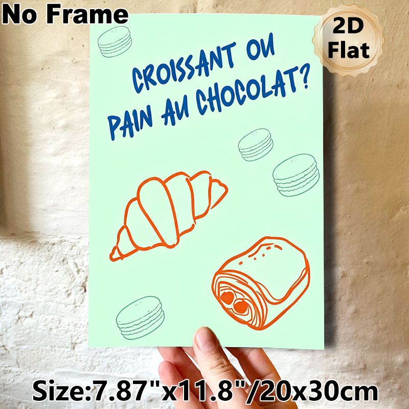 French Pastry Themed Painting Poster, Minimalist Hand-drawn Cute Pastry Poster, Playful Design Featuring Croissant, Chocolate Bread And Macarons_maomaolike.com