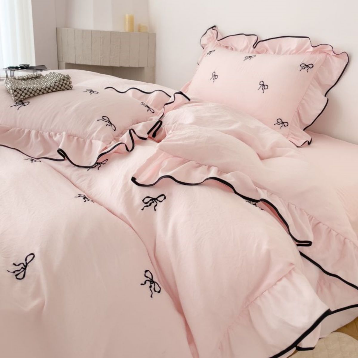 3pcs Bow Embroidery Bedding Ruffles Duvet Set (1*Duvet Cover + 2*Pillowcase, Without Core)for Bedroom Guest Room_maomaolike.com