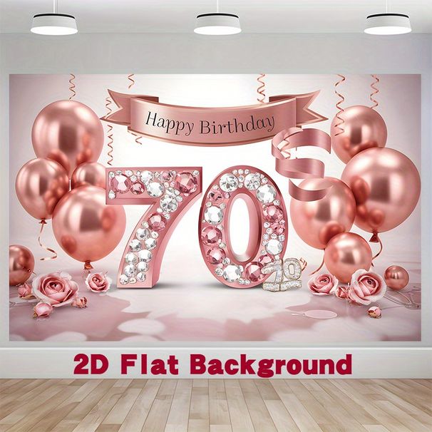 Rose Golden 70th Birthday Party Backdrop - 2D Flat Polyester Banner With Pink Golden Balloons, Photo Booth Props, Party Decor_maomaolike.com