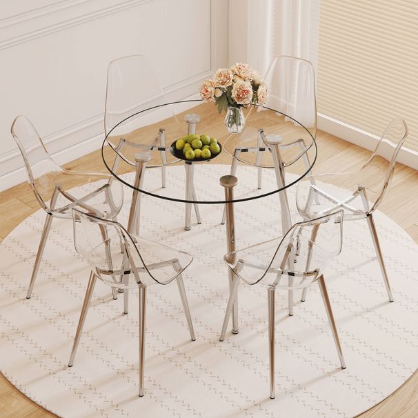 Table And Chair Set.39.7-inch Diameter Circular Dining Table: Transparent Glass Paired With Silver Table Legs,with 6 Transparent Dining Chairs: A Stylish Combination That Showcases Elegant Style._maomaolike.com