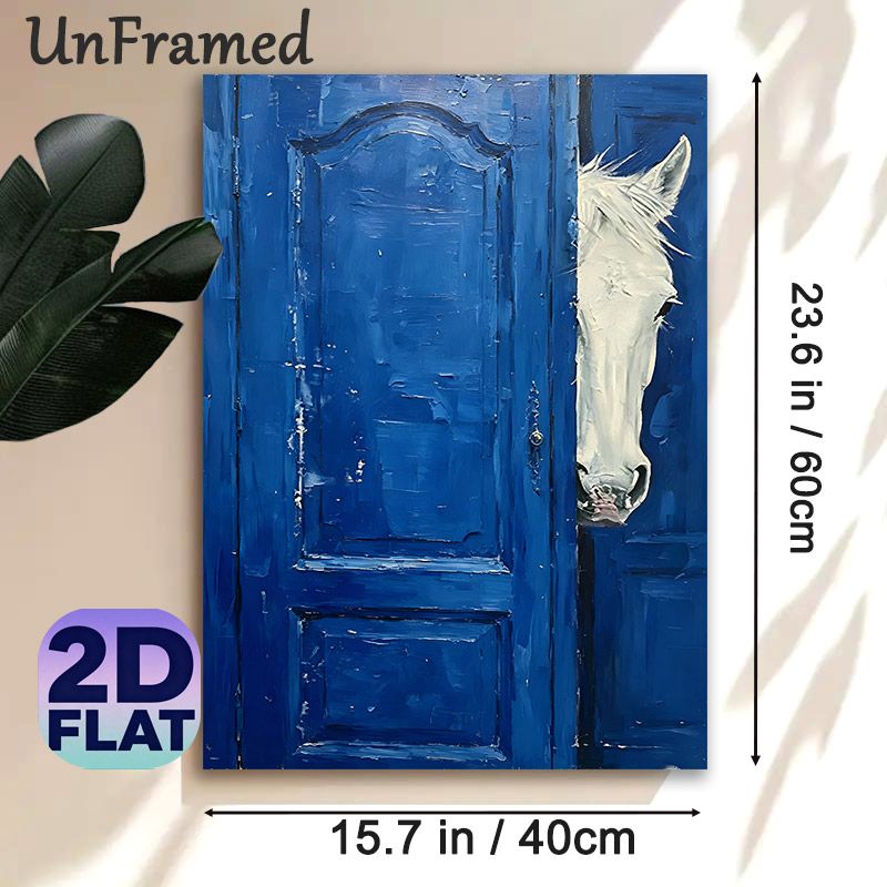 White Horse Peeking From Door Painting Poster, Textured Impasto Style Blue Door & White Horse Poster, Unique Artistic Wall Decor Suitable For Living_maomaolike.com