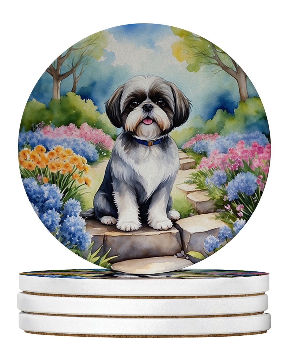 Shih Tzu Spring Path Large Sandstone Coasters Pack Of 4 Absorbent Round Coasters Decor Gifts For Men Or Women, 4 In, Multicolor_maomaolike.com