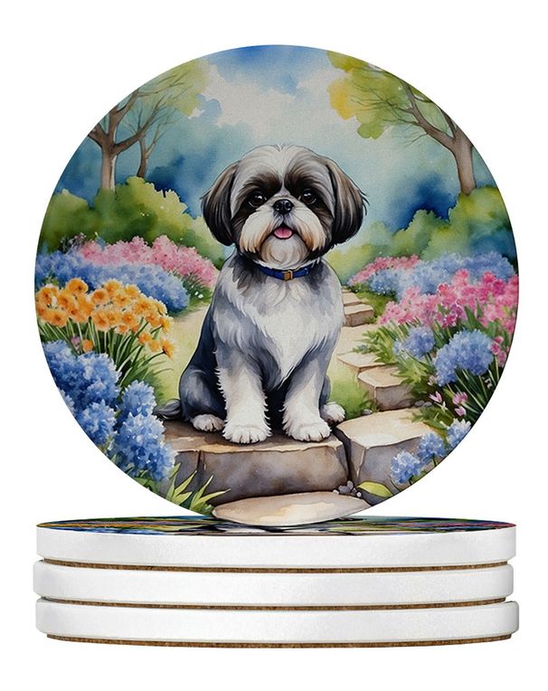 Shih Tzu Spring Path Large Sandstone Coasters Pack Of 4 Absorbent Round Coasters Decor Gifts For Men Or Women, 4 In, Multicolor_maomaolike.com