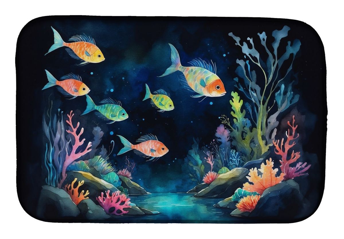 Bioluminescent Fish Dish Drying Mat Absorbent Dish Drying Mat Pad For Kitchen Counter Dish Drainer Mat For Countertop, 14 X 21", Multicolor_maomaolike.com