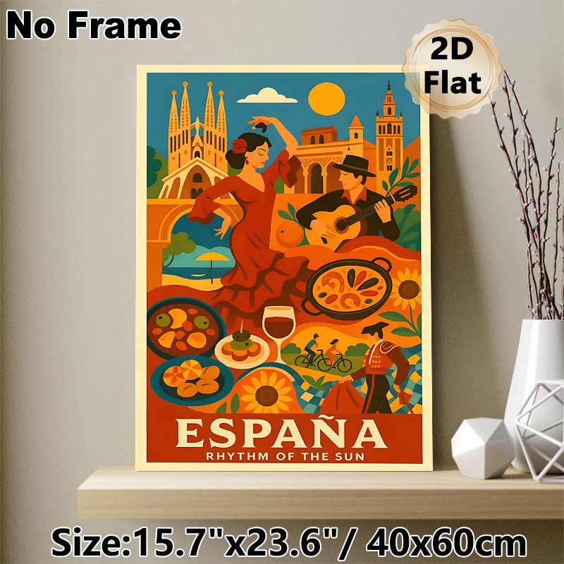 Spain Themed Painting Poster, Vintage Vibrant Spanish Cultural Scene Poster, Showcases Flamenco Dance, Local Cuisine & Iconic Landmarks, Ideal For_maomaolike.com