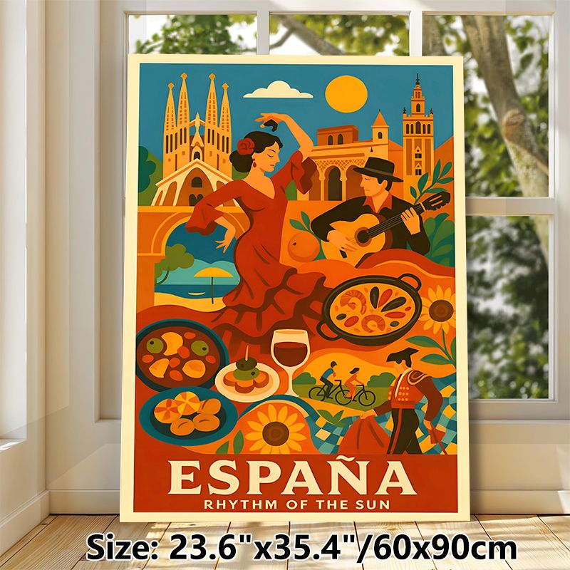 Spain Themed Painting Poster, Vintage Vibrant Spanish Cultural Scene Poster, Showcases Flamenco Dance, Local Cuisine & Iconic Landmarks, Ideal For_maomaolike.com