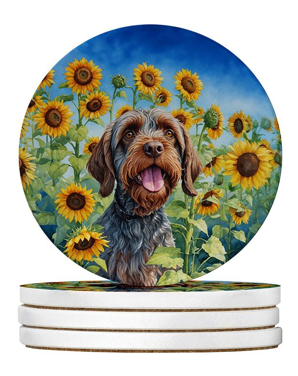 Wirehaired Pointing Griffon In Sunflowers Large Sandstone Coasters Pack Of 4 Absorbent Round Coasters Decor Gifts For Men Or Women, 4 In, Multicolor_maomaolike.com