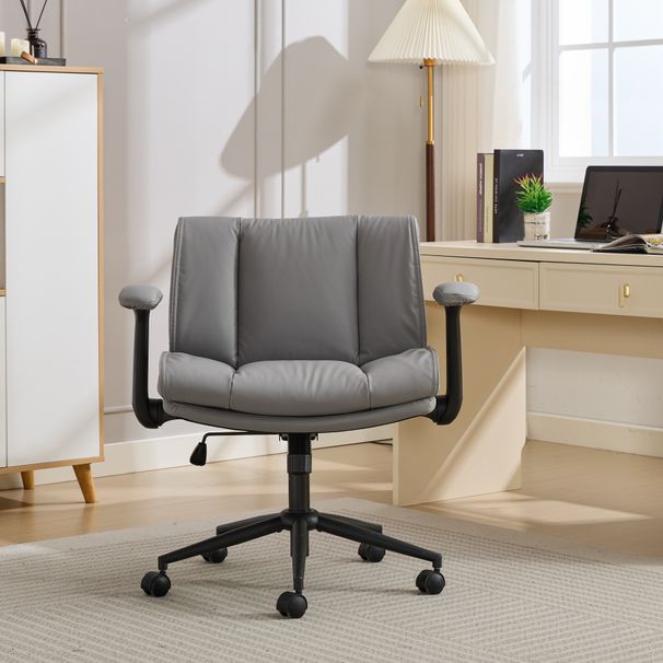 Cross Legged Chair With Flip-Up Armrests Leather, Cross Legged Office Chair On Wheels, Comfy Swivel Chair With Wide Seat For Home Office, Vanity, Ergonomic Desk Chair Adjustable, Grey_maomaolike.com