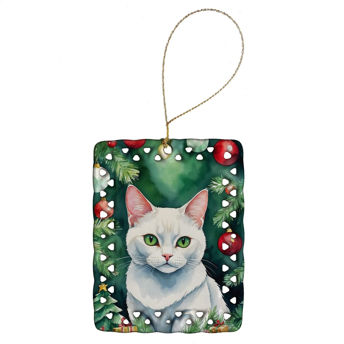 Khao Manee Cat By The Christmas Tree Porcelain Ornament Christmas Tree Hanging Decorations For Home Christmas Holiday, Rectangle, Gift, Multicolor_maomaolike.com