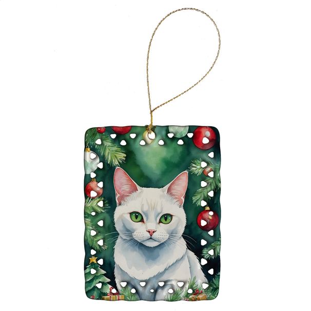 Khao Manee Cat By The Christmas Tree Porcelain Ornament Christmas Tree Hanging Decorations For Home Christmas Holiday, Rectangle, Gift, Multicolor_maomaolike.com
