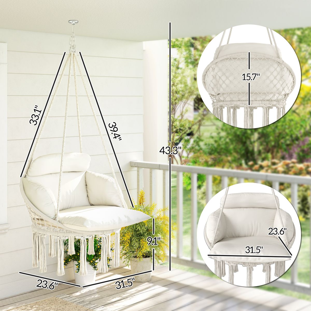 Hammock Swing Chair, Macrame Hanging Chair With Large Cushion, Chain, Steel Frame For Indoor Outdoor Use, Cream White_maomaolike.com