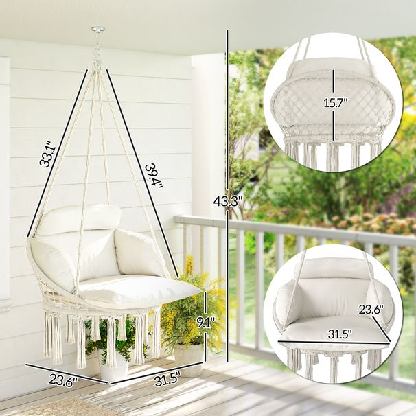 Hammock Swing Chair, Macrame Hanging Chair With Large Cushion, Chain, Steel Frame For Indoor Outdoor Use, Cream White_maomaolike.com