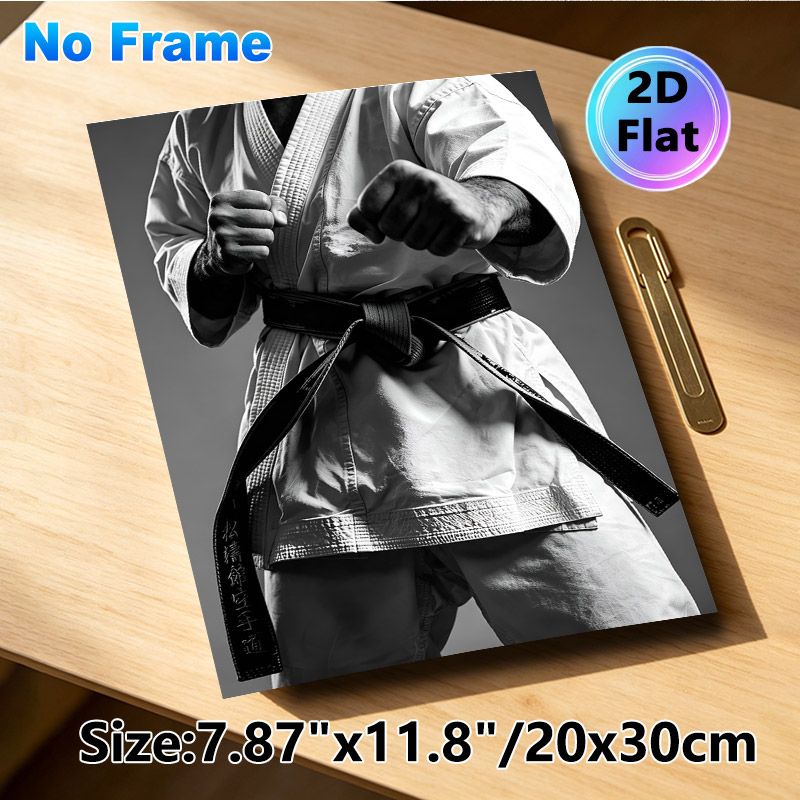 Karate Themed Painting Poster, Monochrome Black Belt Karate Practitioner Fist Stance Poster, Motivational Martial Arts Wall Art For Home Gym, Dojo_maomaolike.com