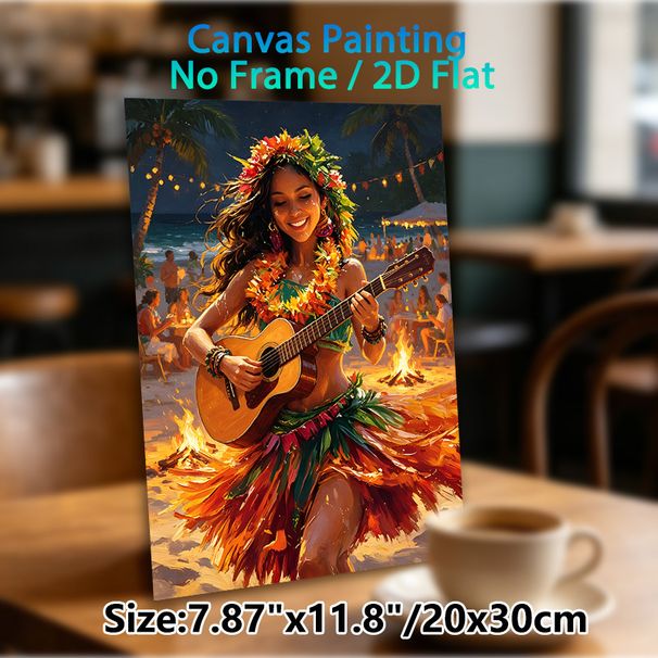 Hawaiian Beach Luau Painting Poster, Warm-toned Vivid Artistic Poster, Captures Joyful Tropical Bonfire Gathering With Guitar-playing Hula Girl_maomaolike.com